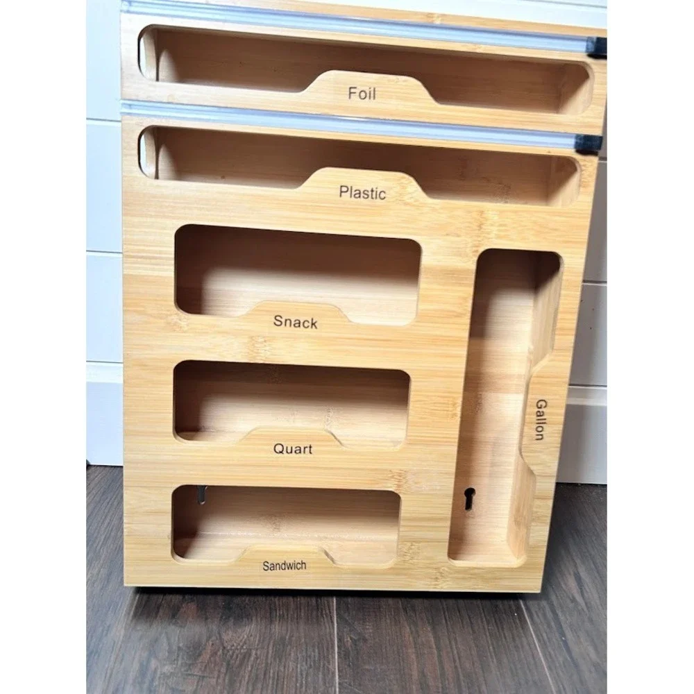 Bamboo Kitchen Wrap Organizer Foil Plastic Sandwich Quart‎ Gallon Storage